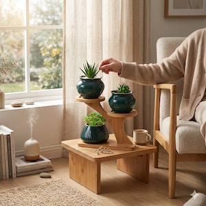 Peut inclure: Un présentoir à plantes en bambou à trois niveaux avec trois pots en céramique bleu-vert, chacun contenant une plante succulente différente. Le présentoir est sur une table carrée en bois. Une main se tend vers les plantes.