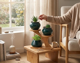 Mini soporte para plantas de interior, estante pequeño de madera de 3 niveles, soporte para plantas de alféizar de ventana, soporte para plantas de escritorio, decoración para el hogar y la oficina.