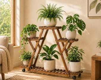 Soporte para plantas con ruedas para interior y exterior, estante de madera de varios niveles con ruedas, estante esquinero para plantas, soporte para plantas que ahorra espacio.