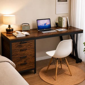 Industrieller Computertisch, 150 cm (59 Zoll), Büroschreibtisch aus Holz mit Schubladen, Wendbarer Schreibtisch, Home-Office-Arbeitsplatz