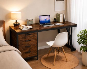 Industrial Computer Desk 59 Inch, Wooden Office Desk with Drawers, Reversible Writing Desk, Home Office Workstation