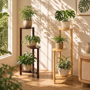 May include: Two wooden plant stands, one dark brown and one light brown, each with three tiers holding potted plants. The plants have green foliage and are in various ceramic pots. The stands are in a well-lit room.