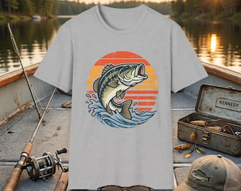 Jumping Bass Fish T-Shirt | Retro Sunset Fishing Design