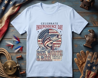 Patriotic Red White Blue Bass Fisherman T-Shirt | Fishing USA Shirt