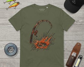 Fishing Rod Breaking Tee | Aggressive Comic Splash Fishing Shirt, Black & Orange