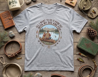Fishing Dog T-Shirt | Man, Dog, Lake Scene Graphic Tee