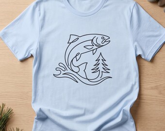 Leaping Trout Line Art T-Shirt | Fishing Graphic, Nature Waves & Pine Trees