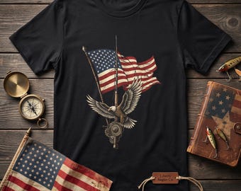 Patriotic Eagle Fly Fishing T-Shirt, Distressed American Flag Angler Apparel