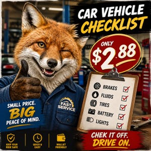 May include: A cartoon fox in a mechanic's uniform gives a thumbs up next to a checklist. The checklist includes brakes, fluids, tires, battery, and lights. Text reads "Car Vehicle Checklist" and "Small Price. Big Peace of Mind."