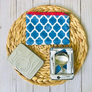 Screwtensils Compact Portable Utensils with Screw on Handles 100% Cotton Napkin makes it easy and fun to be zero waste on the go Blue Quatrefoil