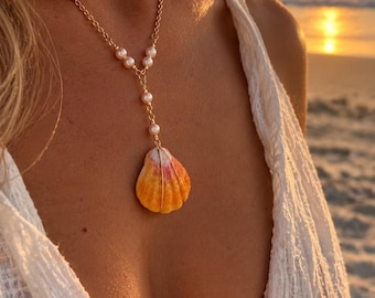Golden Sunrise Shell & Pearl Drop Necklace