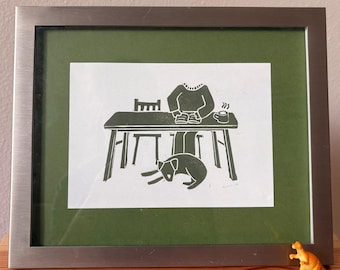 Originele linosnedeafdruk | De voetenwarmer | 5x7