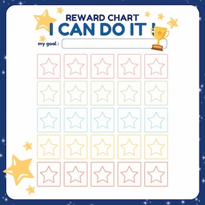 May include: A reward chart titled REWARD CHART I CAN DO IT! with a goal line and a gold trophy icon. The chart features a five-by-five grid of squares, each containing a star outline. The grid rows are colored pink, green, blue, yellow, and orange.