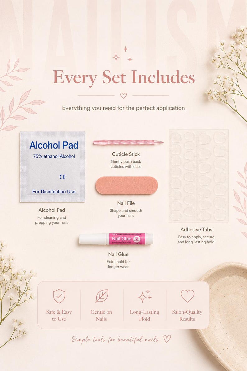 May include: A nail care kit with an alcohol pad, cuticle stick, nail file, adhesive tabs, and nail glue. The kit includes everything needed for a perfect application. The text on the image says "Every Set Includes" and "Simple tools for beautiful nails."