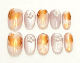 Golden Whisper Nails | Handmade Press-On Nail Set | Reusable Glue on Nails