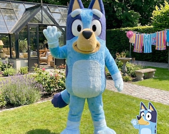 Bluey Mascot Costume for Adults, Blue Dog Halloween Cosplay Suit, Kids Birthday Party Character, Professional Furry Outfit with Accessories