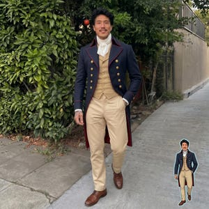 Regency Tailcoat Costume Set - 18th Century Navy Military Jacket with Waistcoat Trousers & Accessories - Mens Colonial Cosplay Outfit