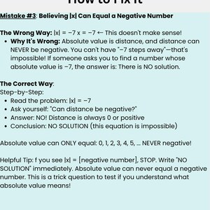 May include: A light blue graphic explaining a common mathematical error. The title reads "Common Student Mistake #3 and How to Fix It." The text explains why absolute value cannot be negative, with examples.