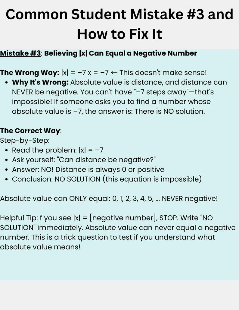May include: A light blue graphic explaining a common mathematical error. The title reads "Common Student Mistake #3 and How to Fix It." The text explains why absolute value cannot be negative, with examples.