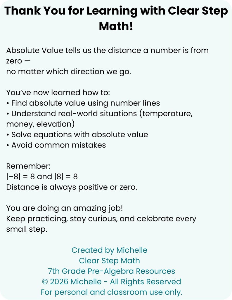 May include: A white and light blue educational graphic with the text "Thank You for Learning with Clear Step Math!". The text explains absolute value, including how to find it using number lines and solve equations. It also includes the copyright information.