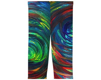 Colorful Spiral Abstract Capri Leggings | Vibrant Swirl All-Over Print