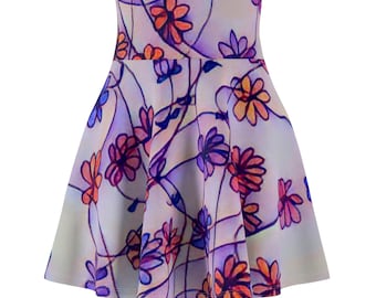 Purple Doodle Floral Skater Skirt | Hand-Drawn Flowers, AOP