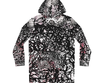 Abstract Black Scribble Pattern Hoodie Dress | All-Over Print