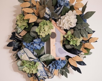 Hydrangea Birdhouse Wreath Front Door | Farmhouse Spring Summer Decor | Blue Sage Ribbon Cottagecore Wall Hanging