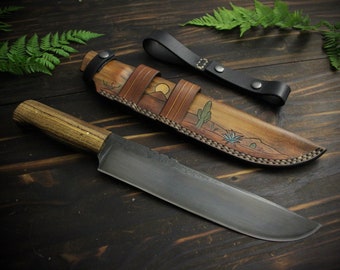 Straight Back Knife Blade With Leather Desert Sheath