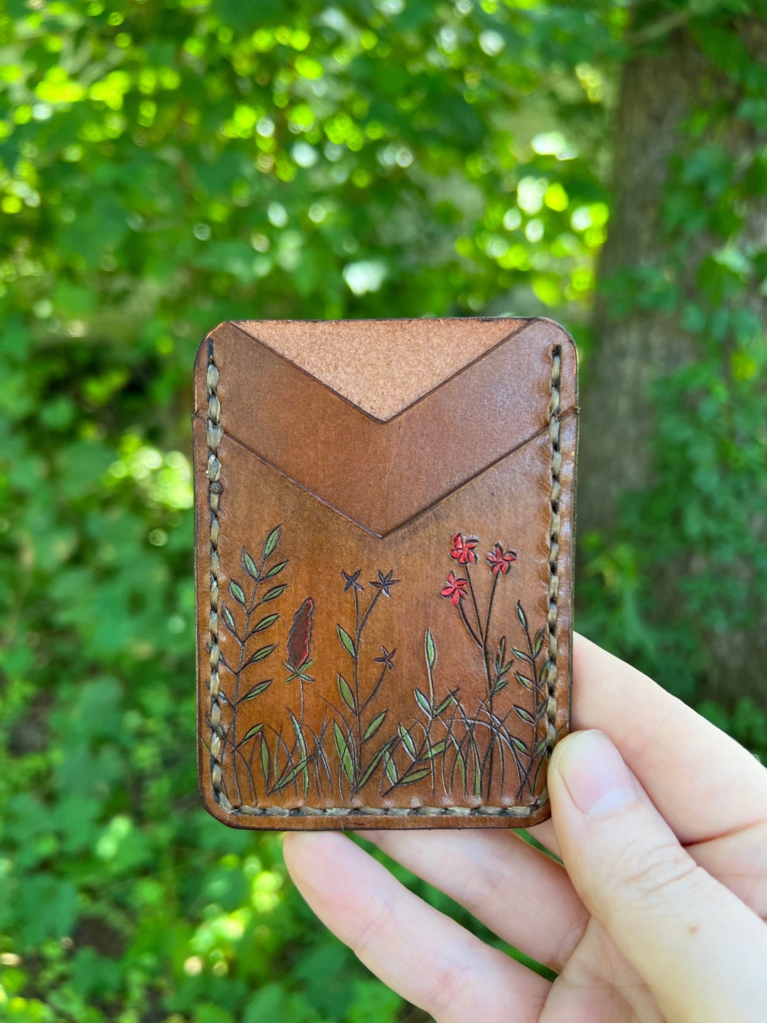 Handmade Leather Card Wallet With Wildflower Painting Genuine Leather Etsy