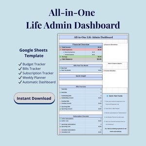 Op de afbeelding: Een digitaal financieel dashboard-sjabloon met de titel "All-in-One Life Admin Dashboard". De Google Sheets-sjabloon bevat een budgettracker, factuurtracker, abonnementstracker, weekplanner en automatisch dashboard. Lichtblauwe achtergrond.