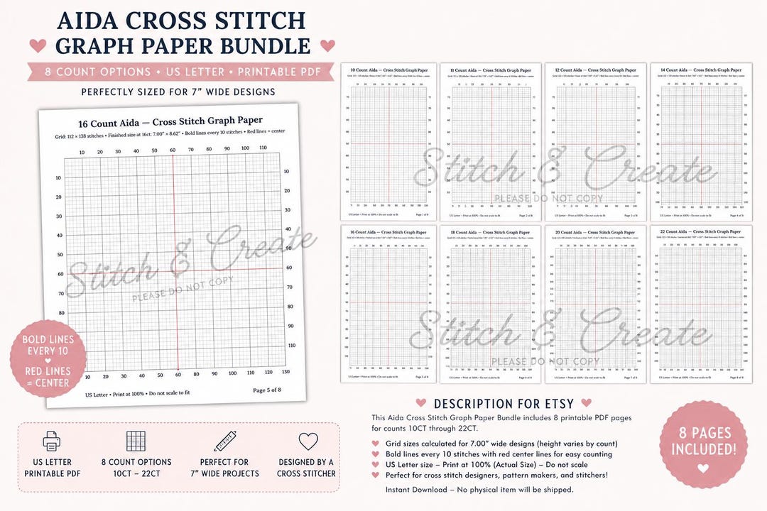 Cross Stitch Graph Paper Printable Bundle | 10ct-22ct Aida Grid Pages ...