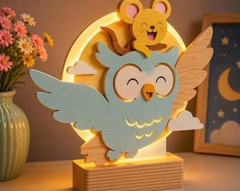 File per taglio laser di una lampada da notte in legno / Design con gufo e topo (Download digitale)