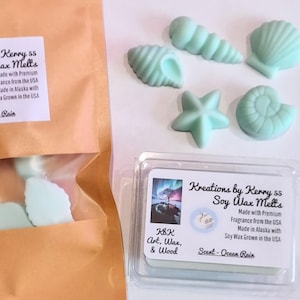 Può includere: Un assortimento di cere di soia blu chiaro a forma di conchiglie e stella marina. Le cere sono esposte con confezioni che riportano "Creations by Kerry 55 Soy Wax Melts" e "Scent - Ocean Rain."