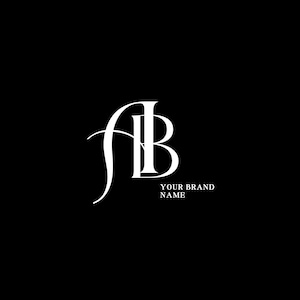 Könnte beinhalten: Ein weißes grafisches Logo auf schwarzem Hintergrund mit den ineinander verschlungenen Buchstaben A und B in einer Serifenschrift. Unter dem Monogramm steht der Text YOUR BRAND NAME in einer kleineren, klaren, weißen serifenlosen Schrift.