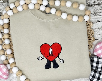 Bad bunny embroidered sweatshirt, custom embroidered sweatshirt, un Verano sin ti, bad bunny heart, valentine sweatshirt, bad bunny apparel