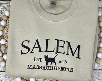 Salem Massachusetts embroidered sweatshirt, hocus focus sweatshirt, Halloween sweatshirt, black cat shirt, witches sweatshirt