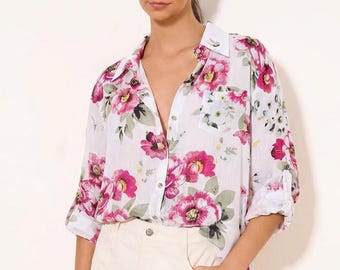 Rode blouse met bloemenbloemenprint en lange mouwen, casual losvallend overhemd met knopen voor dames, losvallende bloemen zomertop, modecadeau voor haar moeder