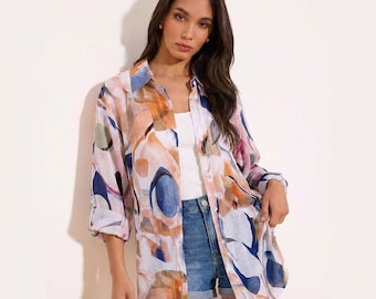 Chemisier orange et bleu à manches longues à imprimé géométrique, chemise boutonnée décontractée ample pour femme, haut bohème pour l'été, cadeau pour sa maman