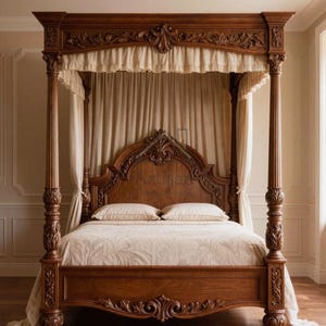 Hand Carved Solid Wood Canopy Bed with Curtains – Four Poster Bed Frame – Vintage Luxury Bedroom Furniture – Queen King Full