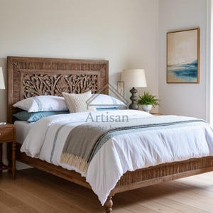 Hand Carved Wooden Bed Frame – Rustic Platform Bed – Artisan Floral Headboard Bed – Solid Wood Bedroom Furniture – Farmhouse Queen King Size