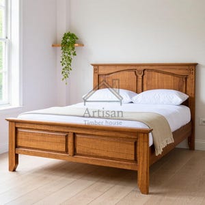Solid Wood Farmhouse Bed Frame – Rustic Platform Bed – Minimalist Wooden Bed with Panel Headboard – Handmade Bedroom Furniture – Queen King