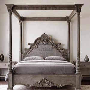 Cama con dosel de madera maciza hecha a mano / Cama antigua con dosel y cabecero tallado.