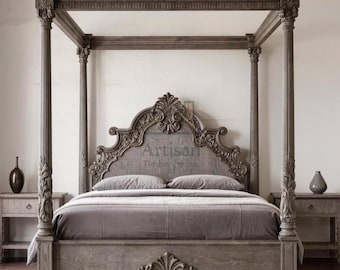 Handcrafted Solid Wood Canopy Bed | Antique Four Poster, Carved Headboard