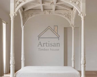 Luxe gesneden hemelbedframe – massief houten hemelbed met decoratief plafond – slaapkamermeubilair in koninklijke Franse stijl