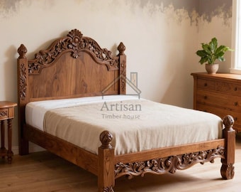 Luxury Wooden Bed Frame – Handcrafted Solid Wood Platform Bed – Ornate Carved Headboard – Classic Bedroom Furniture King Size