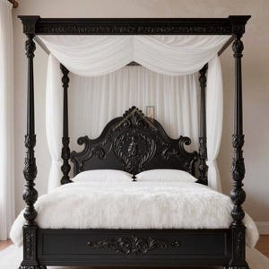 Cama con dosel negra con cortinas – Cama de lujo con cuatro postes tallada a mano – Estructura de cama de madera maciza tamaño king/queen – Muebles de dormitorio góticos victorianos