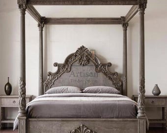 Handcrafted Wooden Canopy Bed Frame | Antique Style Four Poster Bed | Luxury Carved Headboard Bed | Elegant Bedroom Statement Piece