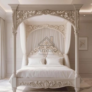 Cama con dosel blanca de lujo – Cama con cuatro postes tallada a mano con cortinas – Estructura de cama de madera estilo victoriano francés – Muebles elegantes para el dormitorio principal