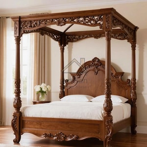May include: A dark brown, ornate four-poster bed with carved details. The bed features a headboard, footboard, and posts with intricate floral and scrollwork designs. The bed frame is made of wood and has a classic, elegant style.